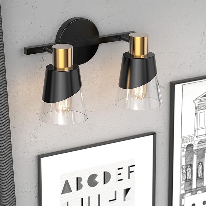 URSOLA Bathroom Lighting Fixtures Over Mirror, 2 Lights Bathroom Vanity Light, 13 inchBathroom Light Fixtures, Black and Gold Design with Bevelled Edge and Clear Glass Shade Wall Lamp