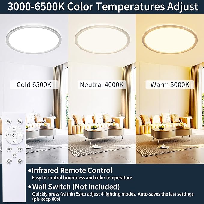 MOONSEA 20 Inch LED Flush Mount Ceiling Light 45W, Large Ceiling Light with Remote Control, Round Dimmable 3000K-6500K Adjustable, Modern Slim Flat Panel Lights for Bedroom, Kitchen, Brushed Nickel