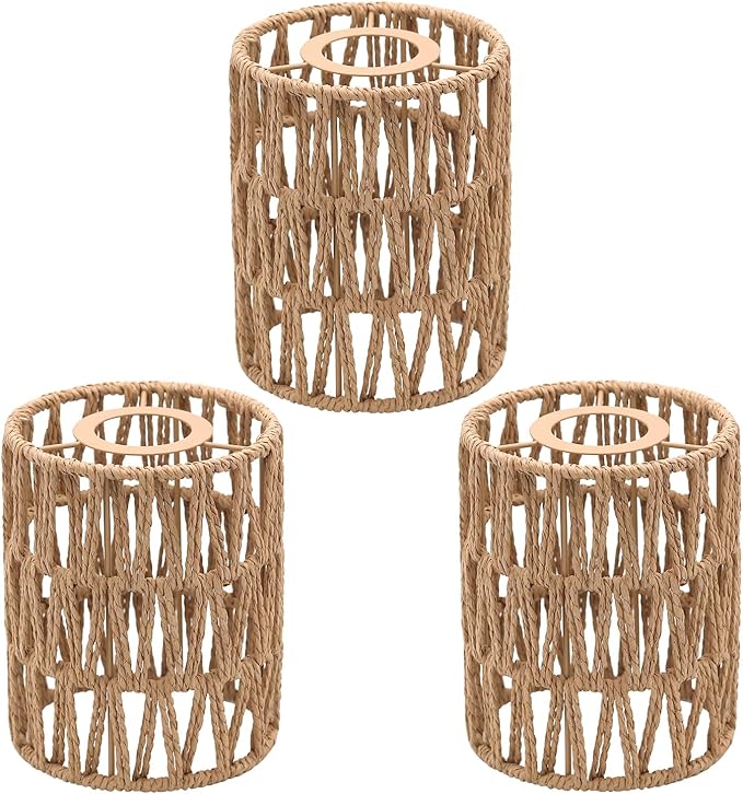 3-Pack Boho Rattan Lamp Shades,5.9" H x 4.7" D Woven Small Shade Replacement, 3-Tier 1.62in Fitter Farmhouse Pendant Light Cover for Chandelier Floor Wall Lamp(Brown)