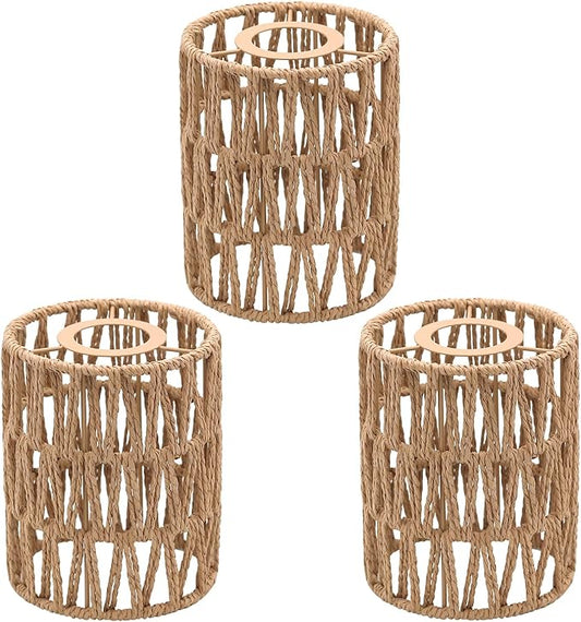 3-Pack Boho Rattan Lamp Shades,5.9" H x 4.7" D Woven Small Shade Replacement, 3-Tier 1.62in Fitter Farmhouse Pendant Light Cover for Chandelier Floor Wall Lamp(Brown)