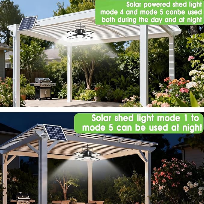Latband Solar Shed Light Outdoor Indoor Upgrade 1200LM 174LED 4 and 1 Heads Motion Sensor Pendant Light, Solar Lights with 5 Lighting Modes Remote Control IP65 Waterproof for Barn Patio Gazebo Shop