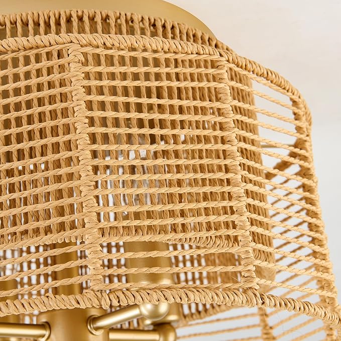 hesoge Boho Rattan Semi Flush Mount Ceiling Light Vintage Gold Ceiling Light Fixture 4 Light Round Chandelire for Farmhouse Bedroom Entryway Kitchen Foyer Dining Room