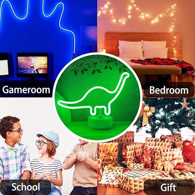 HOHOSIGN Dinosaur Neon Sign Dino Light Green LED Dinosaur Neon Light Room Decor for Boys Room Kids Girls Bedroom Nursery, Classroom Table Desk Stand Night LED Sign Toddlers Present Christmas Birthday
