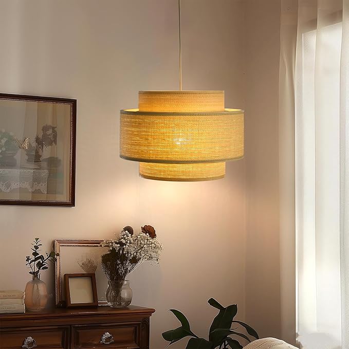 Pendant Light, 3-Tier Layered Boho Hanging Lamp with Natural Woven Drum Shade, 15ft Hemp Rope Cord Ceiling Light for Kitchen Island Dining Room Bedroom