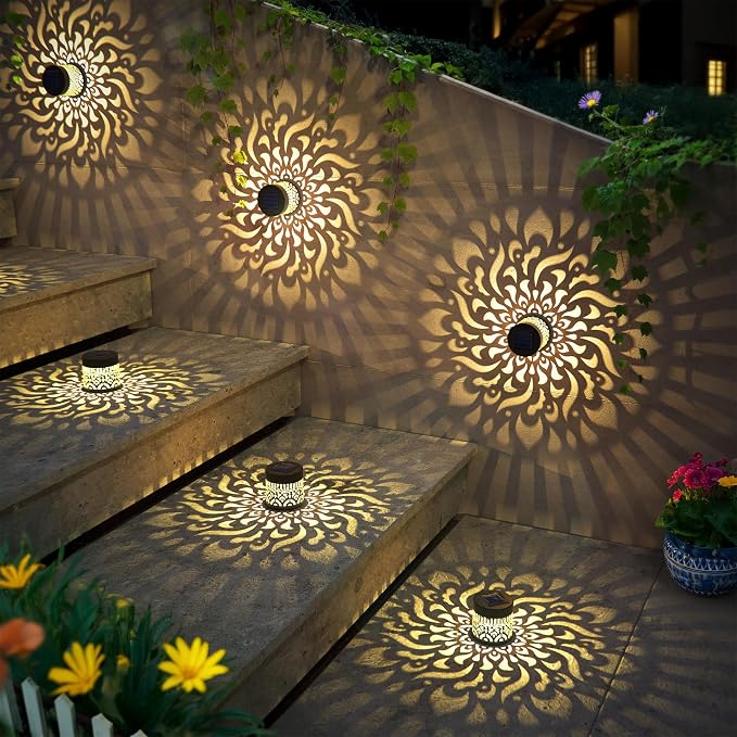 4 Pack Solar Fence Lights Metal Solar Powered Outdoor Wall Deck Step Lights Mandala Theme Waterproof Fence Light for Garden Post Patio Backyard Yard Decor, Gardening Gifts for Women Mom Grandma