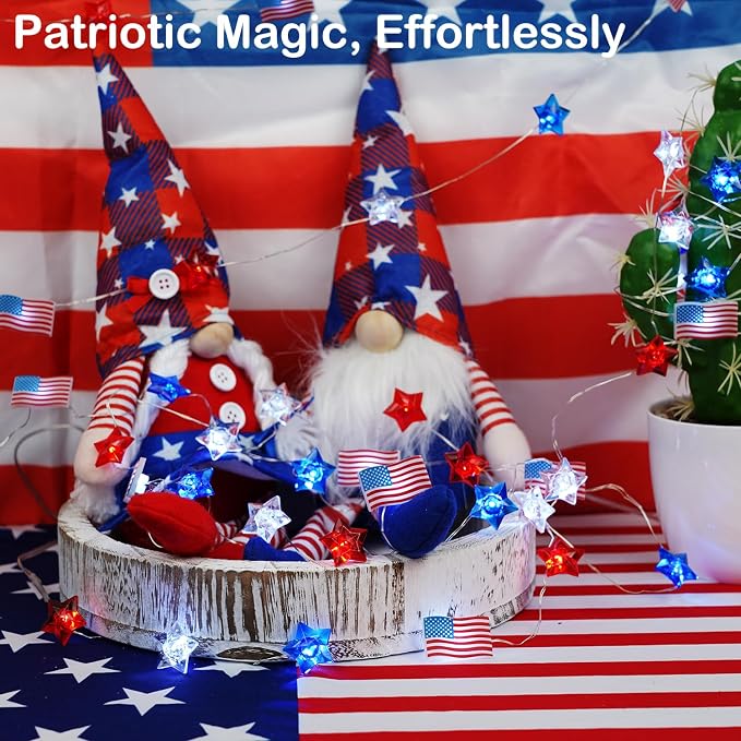 BOHON 4th of July Decorations Battery Operated String Lights 13 ft 40 LEDs | Red White and Blue Star American Flag Lights for Home Patriotic Memorial Independence Day Fourth of July Decor with Timer