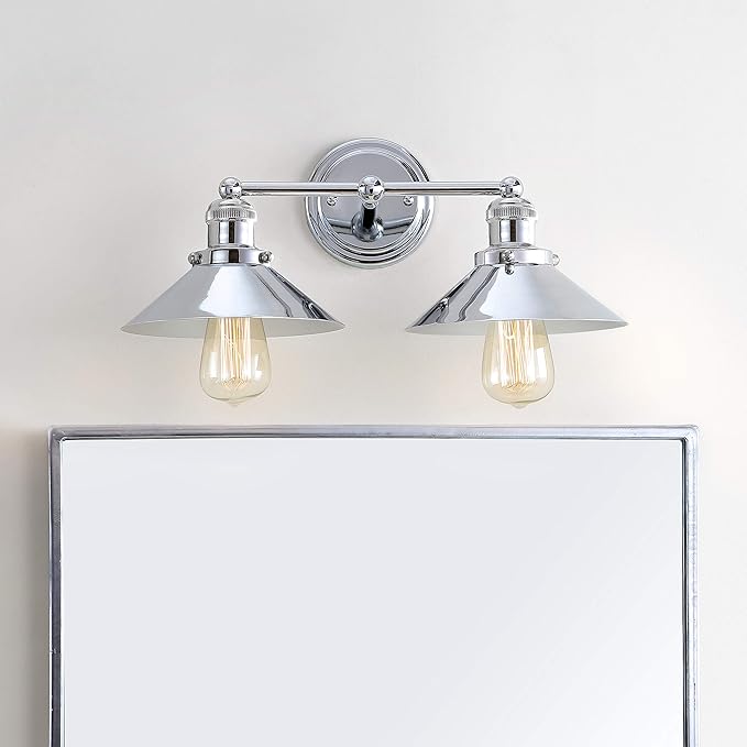 JONATHAN Y 17.5" Chrome 2-Light Industrial Farmhouse Metal Vanity Light Wall Sconce, Metal Shade for Bathroom Mirror, Kitchen, Entryway, LED Bulb Included (JYL7424A)