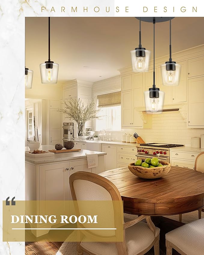 3-Light Pendant Light Fixtures, Matte Black Cluster Dining Room Light Fixture Over Table, Adjustable Kitchen Island Lighting with Clear Glass, Farmhouse Hanging Light, AD-22004-3P-BK-C