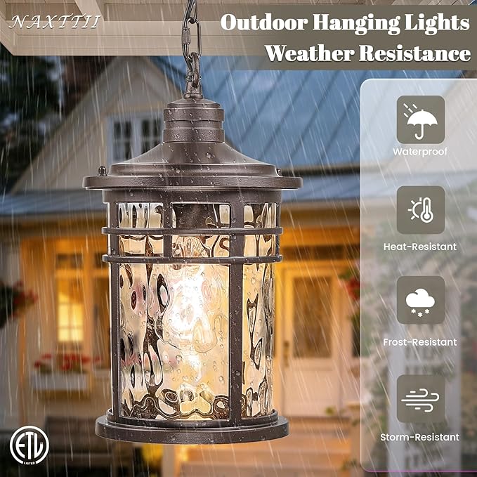 Large Outdoor Pendant Light Dusk to Dawn Hanging Porch Light Anti-Rust Aluminum Exterior Hanging Lighting Fixtures for Front Door Gazebo E26 Socket Oil Rubbed Bronze Finish