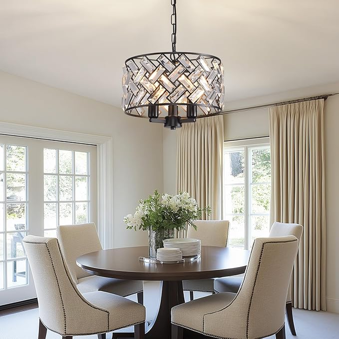 lobolighting Black Crystal Chandelier, 11'' Modern Chandelier, 3-LightSemi Flush Mount Ceiling Light Fixture for Dining Room Foyer Hallway