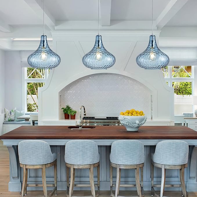 11" Blue Hammered Glass Pendant Light - Brushed Nickel Finish Industrial Ceiling Fixture with Blown Glass for Kitchen Island Dining Room Hallway Living Room