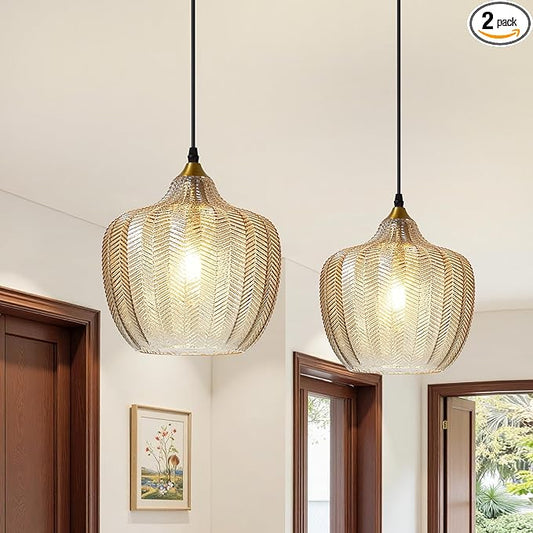 Modern Gold Pendant Light 2 Pack, Amber Glass Kitchen Island Pendant Light Fixture Adjustable Vintage Hanging Ceiling Light for Dining Room Corridor Bedroom 9.45 inch, UL Certification