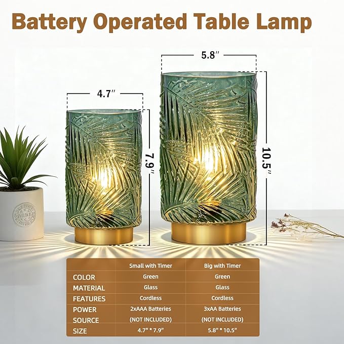 Battery Operated Table Lamp, Cordless Lamps for Home Decor, Battery Powered Nightlight with LED Bulb with Timer, Decorative Lights for Living Room Bedroom Tabletop Entryway Centerpiece Gift(L Green)