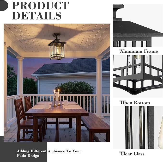 Emliviar Outdoor Semi Flush Mount Ceiling Light Fixture, 15.4 Inch Black Porch Light Ceiling Mount with Clear Glass for Proch, E26 Base Socket, XE309F-M BK