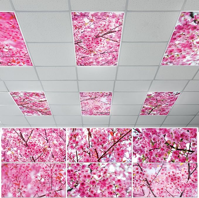 Wiooffen 6 Pcs Fluorescent Light Covers with 60 Magnets Decorative for Classroom Ceiling Light 4 x 2 Feet Magnetic Lights Covers Filter Easy Install for Office Hospitals & Home (Cherry Blossom)