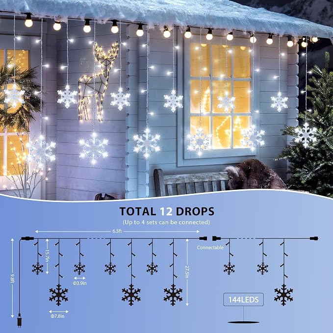 Christmas Snowflake Icicle Lights,6.5ft 144LED Curtain Lights Outdoor with 12 Drops, 8 Modes Waterproof Connectable Fairy Light for Eaves, Garden, Yard, Indoor Outdoor Xmas Decor (White)