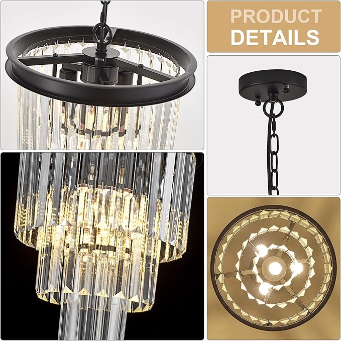 4-Light Crystal Pendant Light,11.8" 3-Tier Luxury Black Crystal Pendant Light Perfect for Dining Room, Bedroom, Kitchen, Living Room