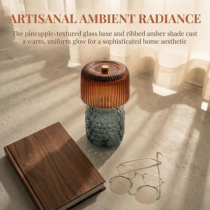 Battery Operated Table Lamp with Timer, Cordless Glass LED Night Light, Decorative Small Lamp for Bedroom Nightstand Living Room Entryway Stairway