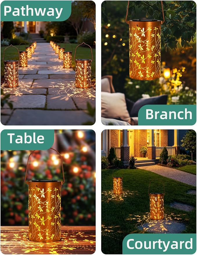 DIBIEECN Birthday Gifts for Women Mom Grandma Wife, Solar Lanterns Outdoor Waterproof, Metal Hanging Lights Garden Decor, LED Decorative Lantern for Patio Porch Backyard, Dragonfly, 4 Pack