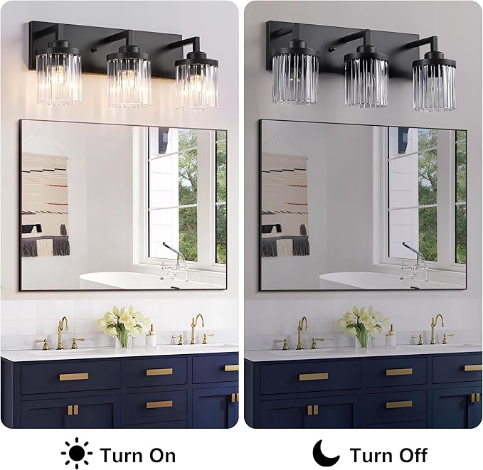 Modern Crystal Bathroom Light Fixtures, 3 Light Black Farmhouse Vanity Lights, with Crystal Glass Shade, Industrial Bathroom Lighting Fixtures Over Mirror Wall Light for Bedroom Living Room