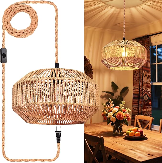 Maliralt Hanging Lamps Rattan Pendant Light Hanging Lights 16.4ft Plug in Cord Pendant Light Fixture Plug Into Wall Outlet Pendant Lighting with On Off Switch for Bedroom Living (Pumpkin Shade)