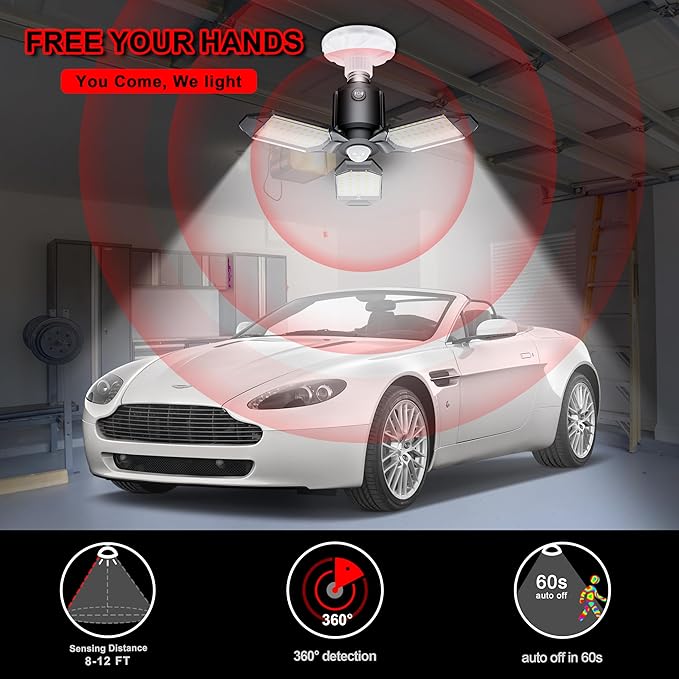 Motion Sensor Garage Light, 80W Garage Lights Ceiling Led Motion Activated,Dusk to Dawn Sensor Lights,Ultra Bright LED Shop Light Bulb,Screw in Lights for Barn,Basement(4Pack)