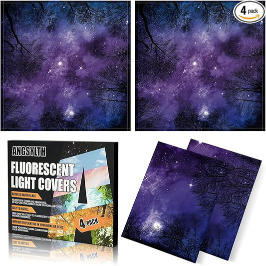 2 x 2 Feet Fluorescent Light Covers - 4 Pcs Covers for Ceiling Lights, Magnetic Light Filters for Classroom, Office, Hospitals, Home (Purple Forests & Starry Sky)