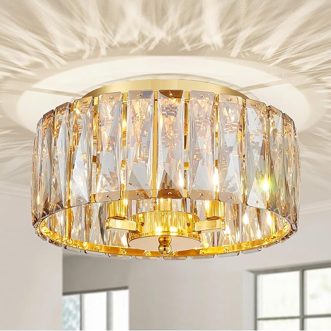 Crystal Ceiling Light, 3-Light Modern Flushmount Ceiling Light for Living Room, Dinning Room Hallway, D12xH9inch, Gold Finish Frame & Champagne K9 Crystal