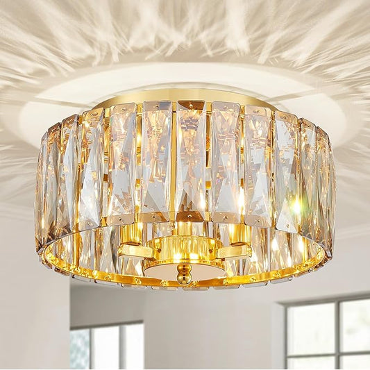 Crystal Ceiling Light, 3-Light Modern Flushmount Ceiling Light for Living Room, Dinning Room Hallway, D12xH9inch, Gold Finish Frame & Champagne K9 Crystal