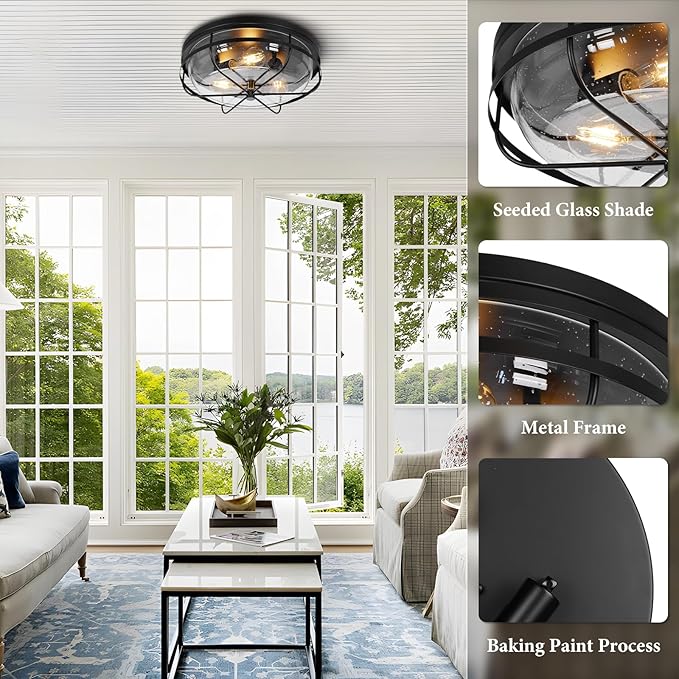 16 Inch Light Fixtures Ceiling Mount, Close to Ceiling Light with Seeded Glass, Outdoor Indoor Flush Mount Ceiling Light for Bedroom Living Room Kitchen Porch Hall Patio, ROS91AL-BK
