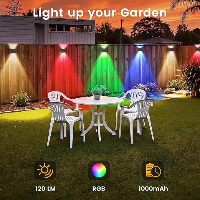 Solar Fence Lights Outdoor, 2 Pack Solar Up Down Wall Lights for Outside, IP67 Fence Lights Solar Powered Dusk to Dawn Auto-Work for Patio Garden Backyard Porch Deck Pathway Step (White&RGB)