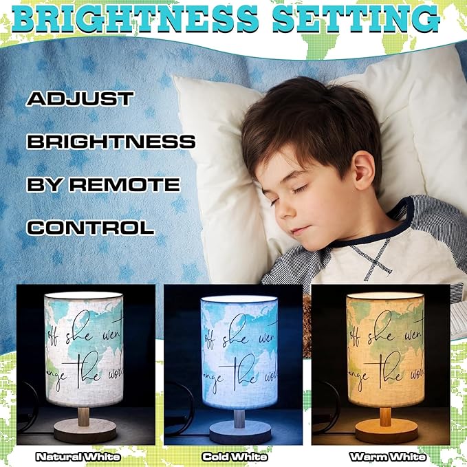 Glooglitter Maps Table Lamps Bedroom Lamps Gifts and Off She Went to Change The World 3 Colors Dimmable Lights 9.72 Inch Blue Watercolor Map Graduation Nightlight for Desk Room Decor