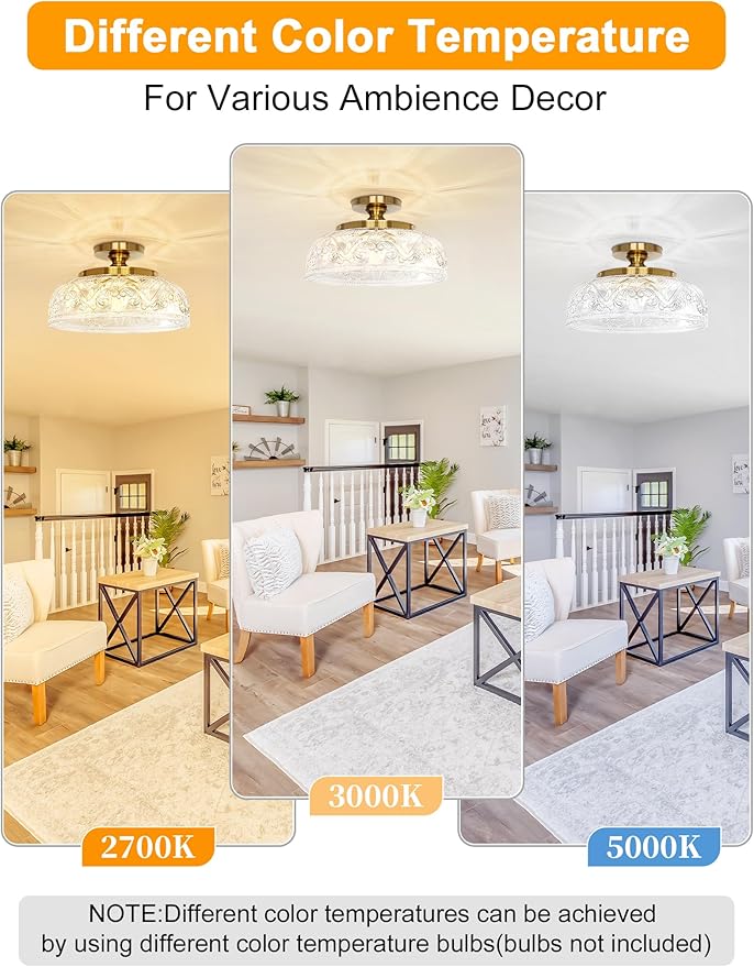 Semi Flush Mount Ceiling Light, 12 Inch Large Gold Ceiling Light Fixture, 3-Light Globe Glass Farmhouse Kitchen Lighting Fixtures for Bathroom, Hallway, Dining Room (Bulb Not Included)