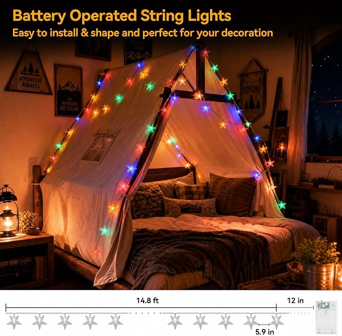 ITICdecor Star String Lights 15 FT 30 LED Fairy Christmas Light Battery Operated Indoor Outdoor Twinkle Lights Bedroom Decor for Party Wedding Xmas Tree (Multicolor)