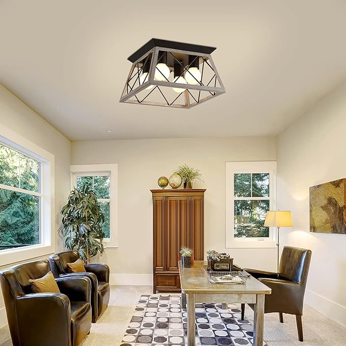 Q&S Farmhouse Ceiling Light Oak Semi Flush Mount Vintage 4-Light Square Rustic Island Light Fixtures for Entryway Hallway Dining Room Living Room Bedroom