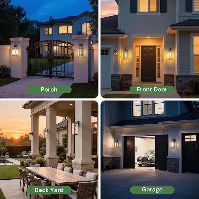 DORESshop 18 Inch Large Size Dusk to Dawn Outdoor Wall Lights, Matte Black Waterproof Anti-Rust Outdoor Light Fixtures Wall Mount with Water Ripple Glass Shade for Porch, with T30 Light Bulbs, 2 Pack