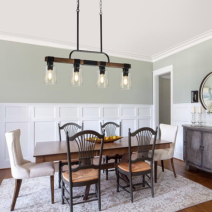 Farmhouse Dining Room Light Fixtures Over Table，Rustic Ceiling Pendant Lights Kitchen Island，4-Light Wood Kitchen Island Lighting Linear Chandelier with Clear Glass lampshade