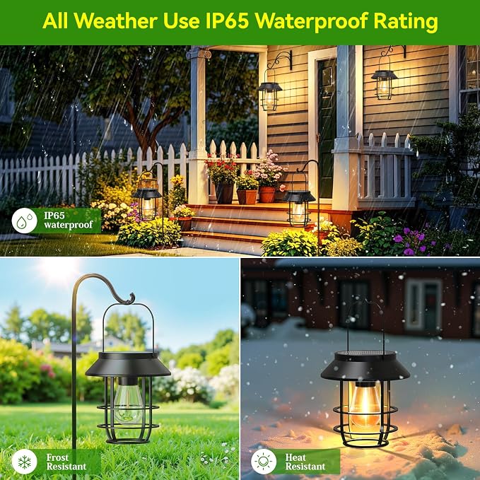 Solar Lanterns Outdoor Waterproof, High Brightness Hanging Solar Lights for Outside with Wall Hooks, Christmas Decor Retro Metal Outdoor Lanterns Auto On/Off for Patio, Yard Decor, Black, 2Pack