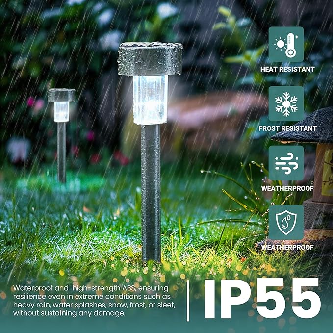 GIGALUMI 24 Pack Solar Lights Outdoor Waterproof,Stainless Steel LED Solar Garden Lights, Solar Pathway Lights Outdoor, Outdoor Solar Lights for Yard, Patio, Lawn and Landscape(Cold White)