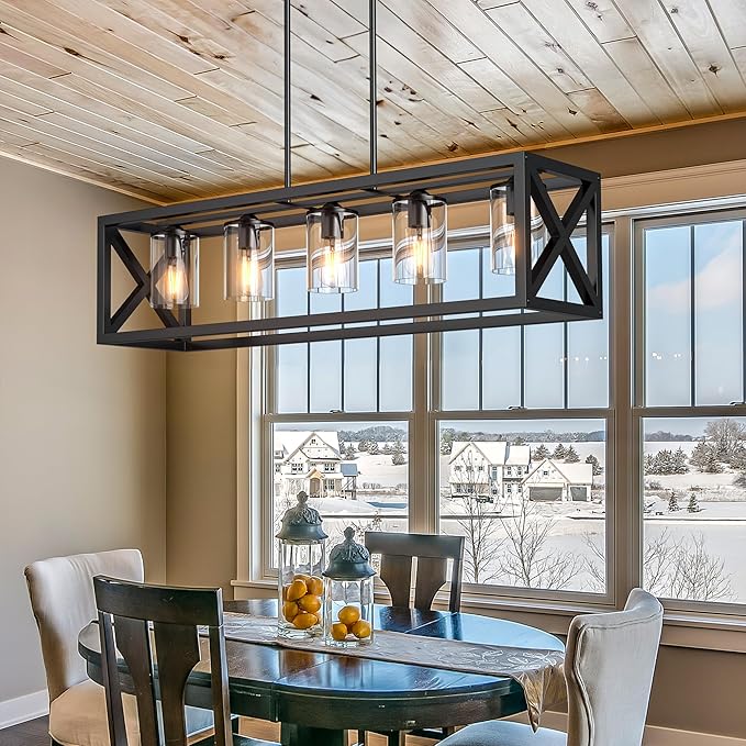Espird Farmhouse Dining Room Light Fixture - 5 Light Matte Black Rectangle Light Fixture with Adjustable Height & Thickened Metal Dining Table Fixture Chandeliers for Dining Room&Kitchen Island