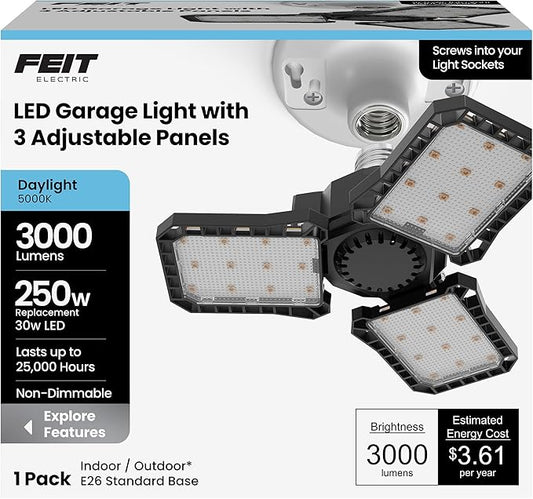 Feit Electric LED Garage Light, Multiple Adjustable Panels, E26 Base, Ideal for Garage, Workshop, Shed, 25,000-Hour Lifetime