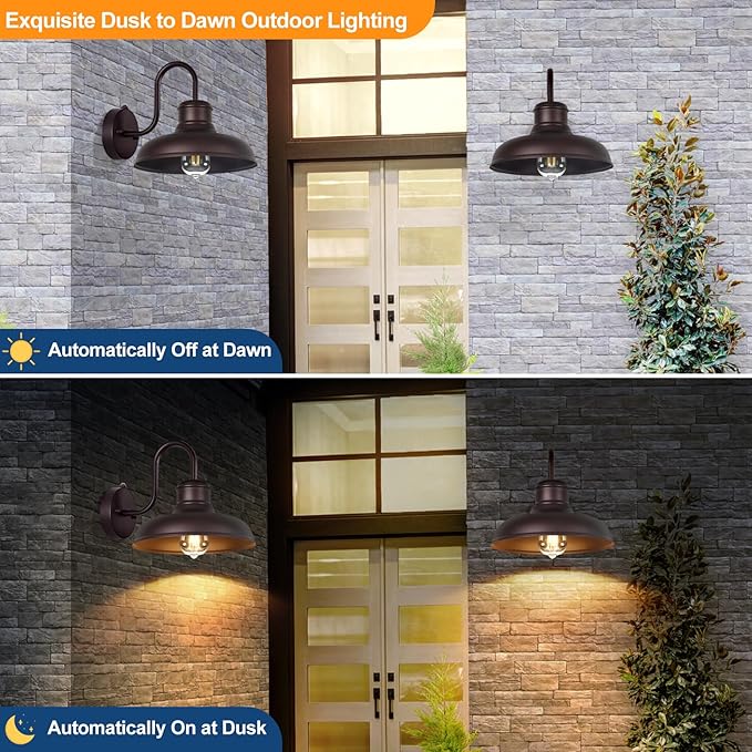 TOBUSA 2-Pack Dusk to Dawn Outdoor Wall Lights, Waterproof Farmhouse Gooseneck Barn Lights, 11.5'' Oil-Rubbed Brown Outside Wall Sconces for House, Porch, Garage