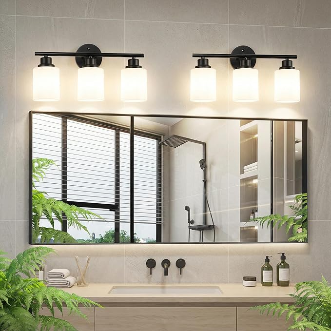 Unicozin 3 Light Bathroom Light Fixtures, Modern Vanity Lights with Milky Glass Shade, Black Wall Lamp Over Mirror for Bathroom, Living Room, Cabinet, Bedroom, E26 Base