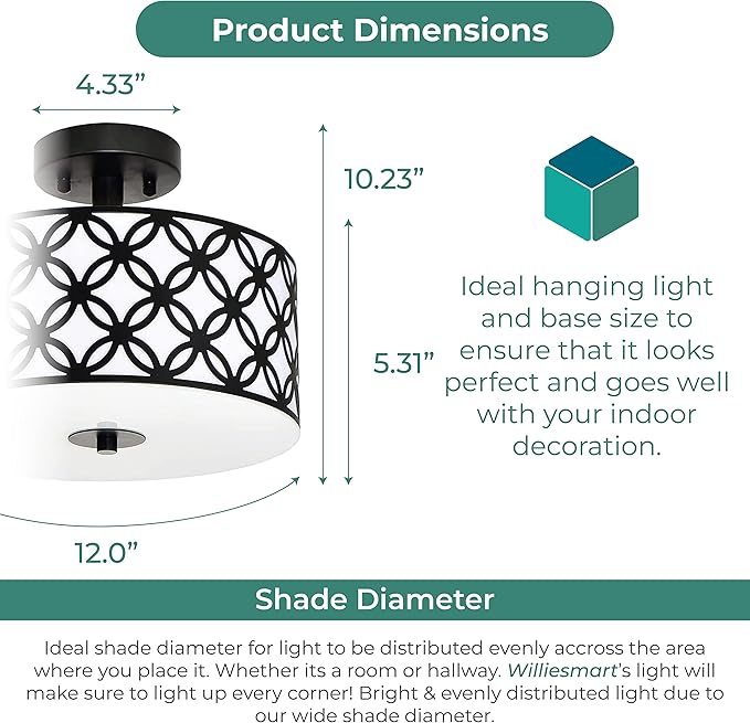 Semi Flush Mount Ceiling LED Light Fixture Hanging with Drum Shade for Dining & Living Room Kitchen Office Shop Entryway & Hallway Modern Chandelier Lamp Brushed Chrome Finish E26 Base