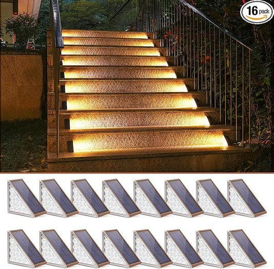 NIORSUN Solar Stair Lights,Warm White Outdoor Step Lights IP67 Waterproof Auto On Off, Outdoor Stair Lights for Steps,Stair,Patio,Yard,Porch,Front Door,Sidewalk,Deck Decor（Brown, 16 Pack）