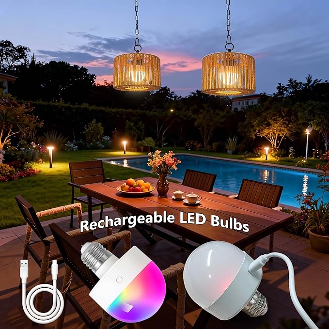 Battery Operated Chandelier Rechargeable, Outdoor Pendant Light Cordless with RGB LED Bulb, Boho Hanging Lights with Remote for Gazebo, Porch, Patio, Pergola, Indoor Decor,Set of 2