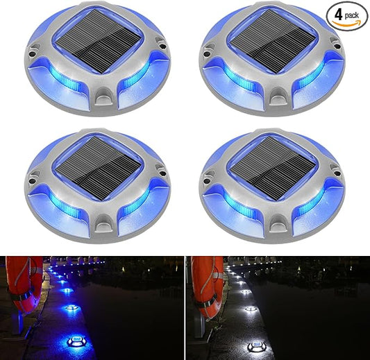 VOLISUN Solar Driveway Lights Dock Marine Lights 4 Pack,2 Colors in 1,Outdoor LED Deck Light,Solar Powered Waterproof Warning Step Light for Driveway Sidewalk Pathway (Blue/White),Saltwater Resistant