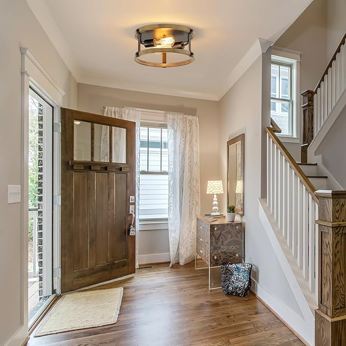 2 Pack Farmhouse Flush Mount Ceiling Light Fixture, 12.5 Inch 2-Light Rustic Ceiling Mount Light Fixtures, Round Drum Brown Wood Finish Flush Mount Lights for Kitchen Bedroom Hallway Dining Room