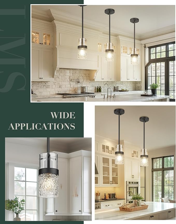 LMS Glass Pendant Lights Kitchen Island 2-Pack, Modern Black Pendant Light Set of 2 with Hammered Glass and Rods, Mini Hanging Lighting for Kitchen Island, Bathroom, Bedroom, LMS-201