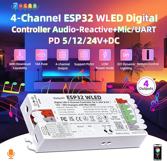 ESP32 WLED Controller with 16A Fuse for 5V-24V LED Strip Dynamic RGB IC DIY Port 4 Channel WiFi Controller App Control Easy Wiring FCOB Addressable Strip Light (DOM-WLE-18P with Mic/UART)